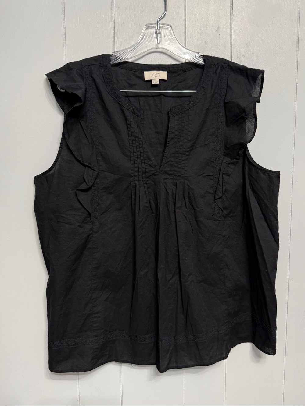 LOFT Black Ruffle Sleeve V-Neck Women's Cotton Top